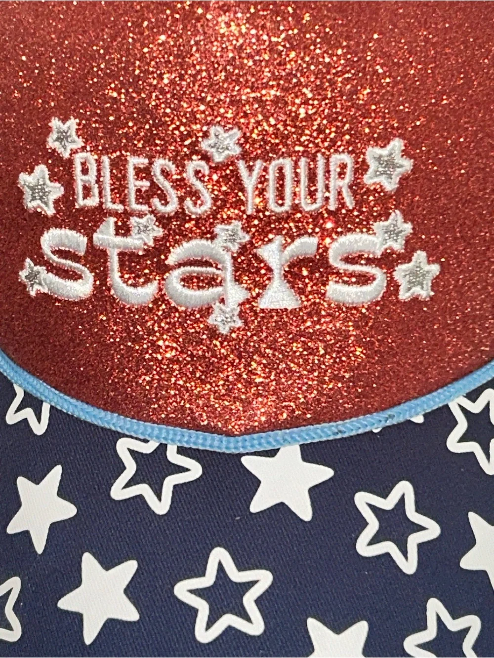 Kids Glitter Red & Navy Star Baseball Cap - Youth Sparkle Trucker Hat